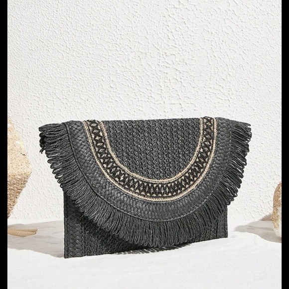 Dual-Color Straw Woven Fringe Clutch Purse - Picture 9 of 12